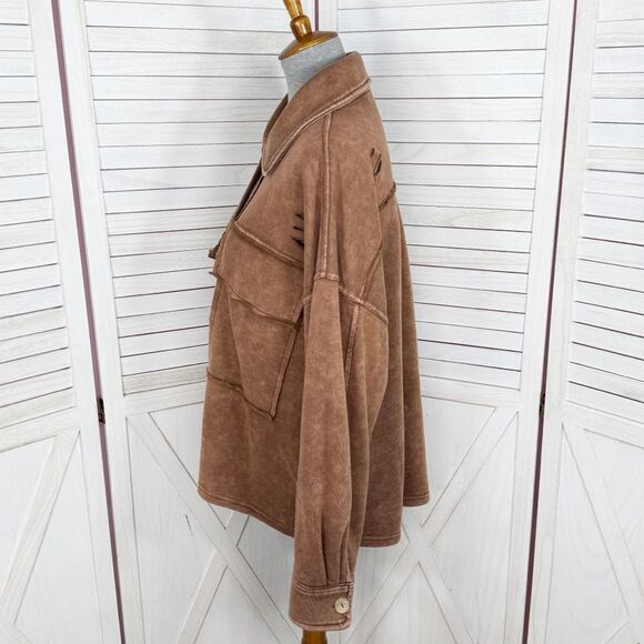 Oddy Distressed Jersey Knit Shacket Cropped Brown Medium Large - Picture 2 of 13